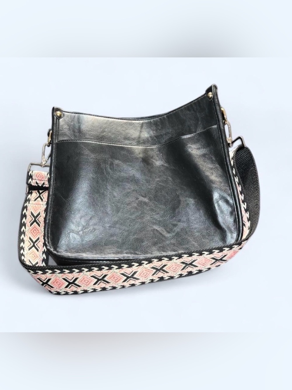 Jen & Co. Black Leather Shoulder Bag with Pink Patterned Strap